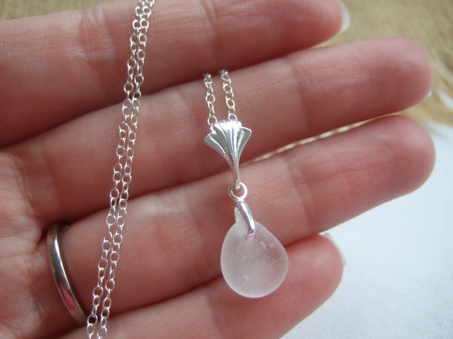 Scottish sea glass necklace, petite necklace beach glass, white pendant