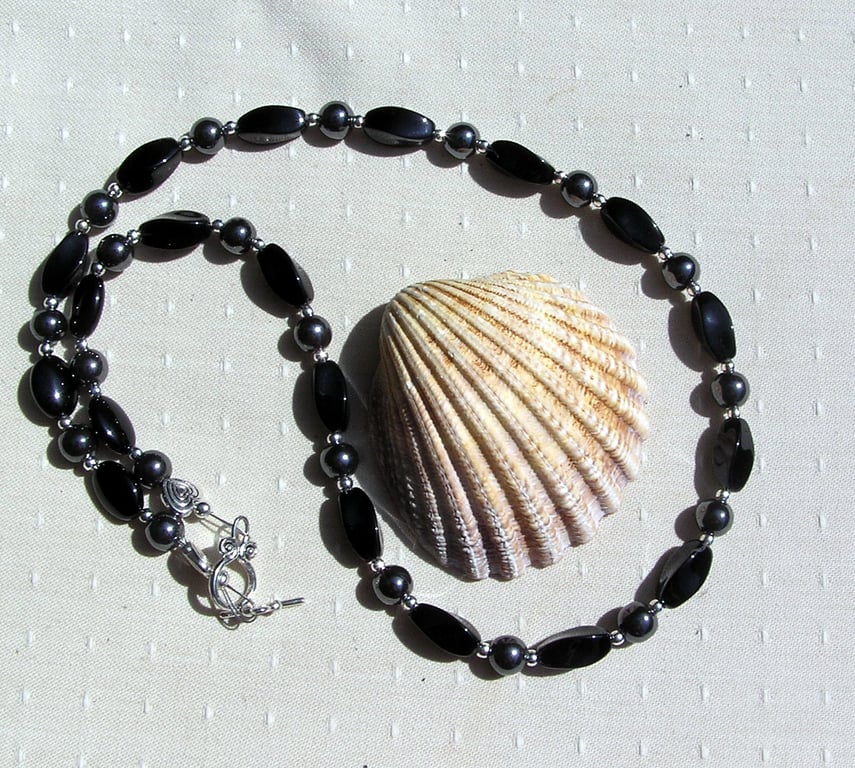 Black Agate & Black Hematite Gemstone Statement Beaded Gothic Chakra Necklace