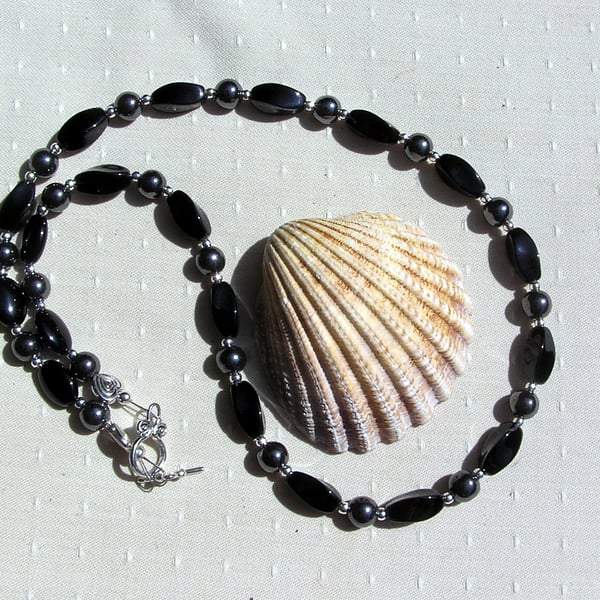 Black Agate & Black Hematite Gemstone Statement Beaded Gothic Chakra Necklace