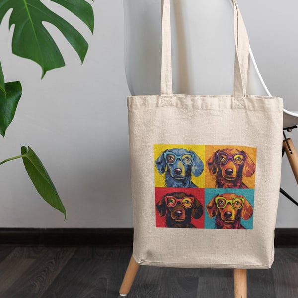 Dachshund in Glasses pop art printed tote bag, shopping bag, dog gifts