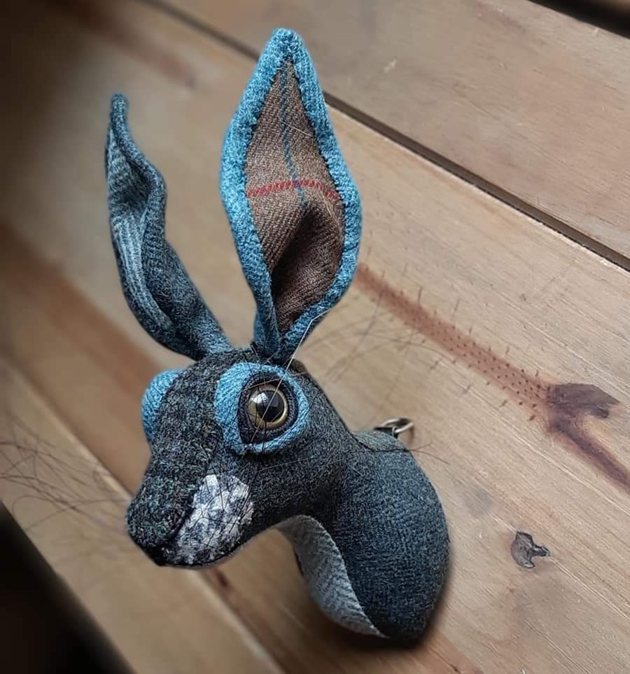 Hare head  faux taxidermy dark green tweed