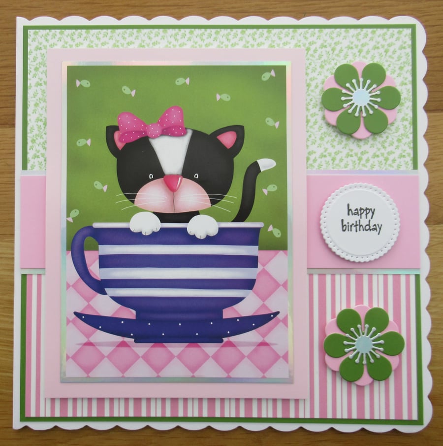 Kitten In A Tea Cup - 8x8" Birthday Card