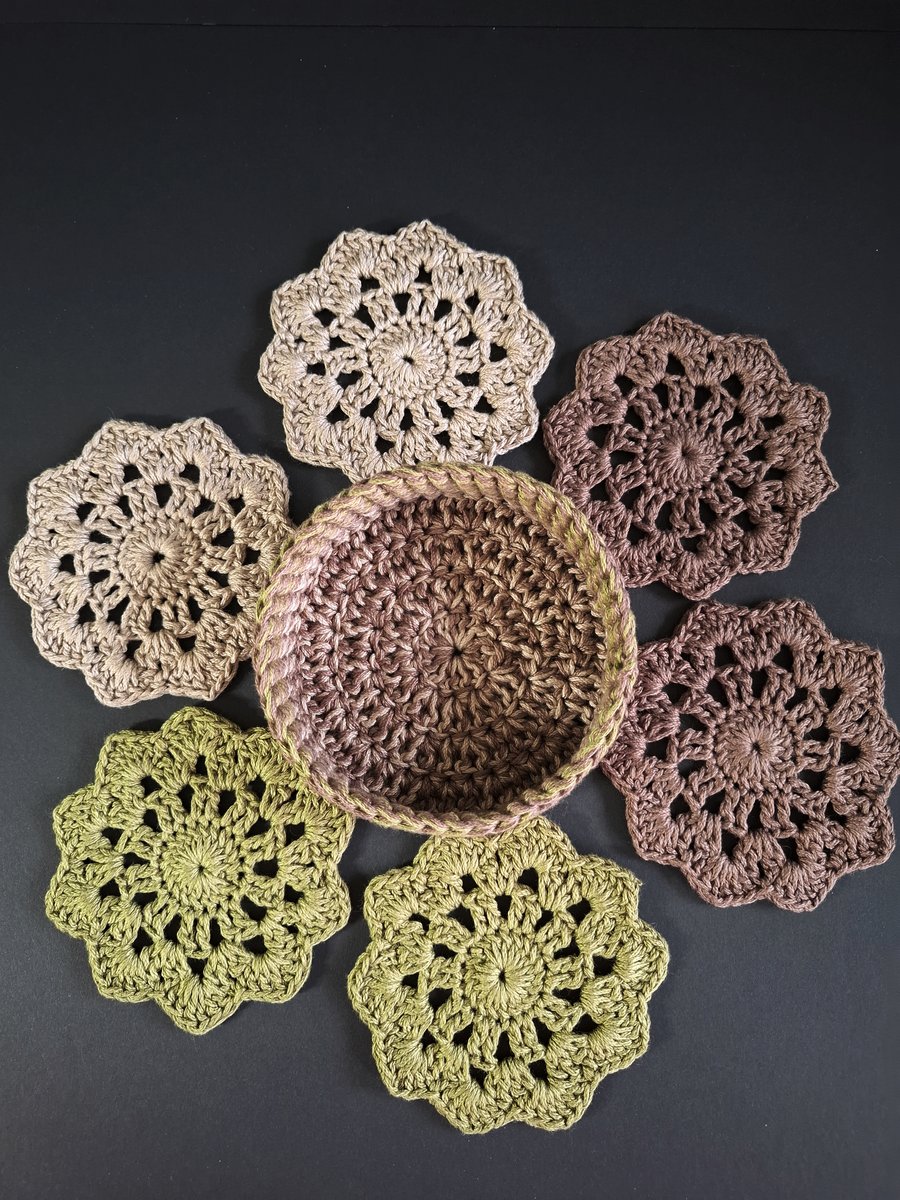 6 Cotton Coasters and Basket. Natural Colours. Handmade Crochet.
