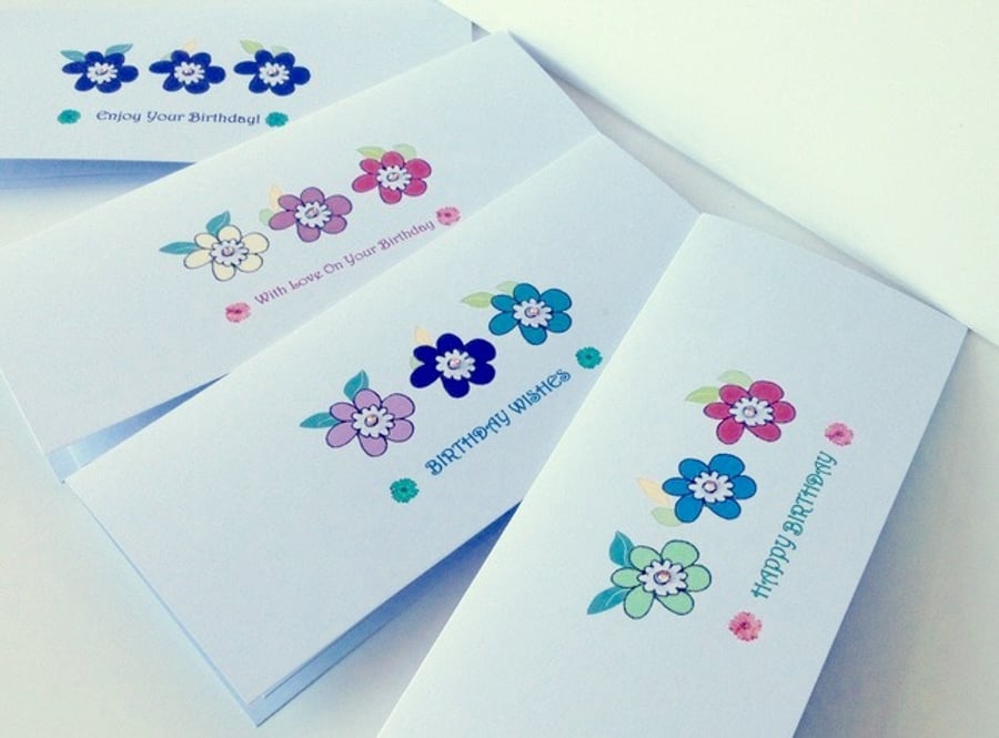 Greeting Card Set Of 4,Birthday Cards'Doodle Flowers'Printed Design,Handfinished
