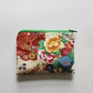 Handmade Japanese Floral Coin Purse – Vibrant Small Fabric Pouch with Green Zip