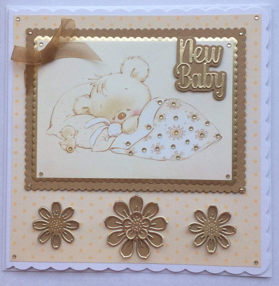 New Baby Card Cute Teddy Asleep Holding Rabbit with Duck 3D Luxury Handmade Card