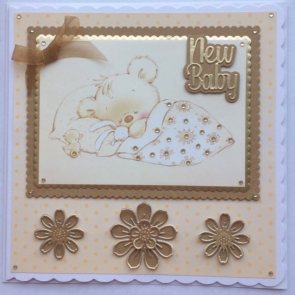 New Baby Card Cute Teddy Asleep Holding Rabbit with Duck 3D Luxury Handmade Card