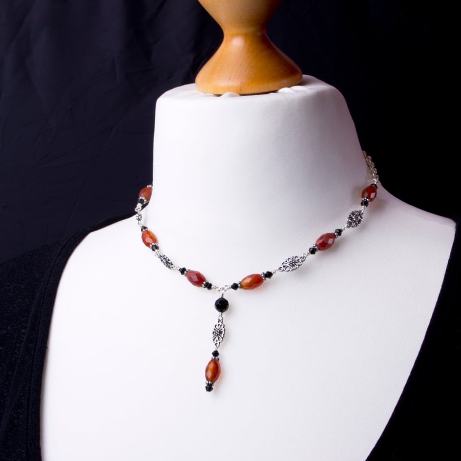 Red Agate necklace - gemstone and black bead with elegant links 