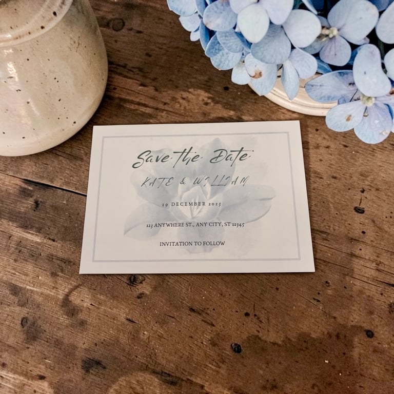 Blue Watercolour Flower Save the Date Card