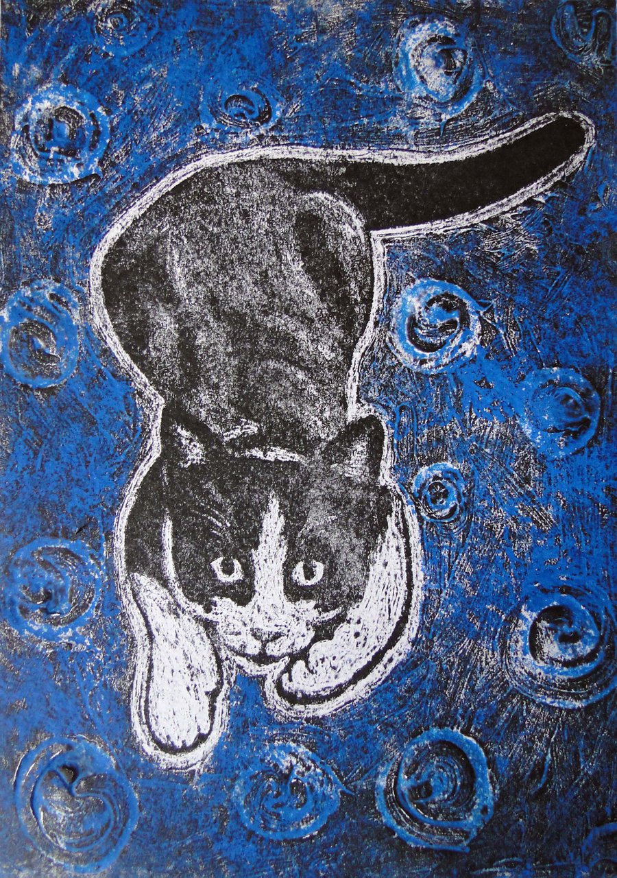 Play With Me! Limited Edition Original Collagraph Print Art Cat