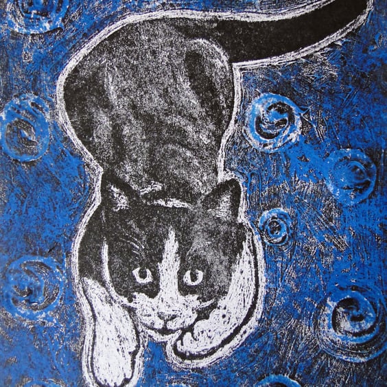 Play With Me! Limited Edition Original Collagraph Print Art Cat