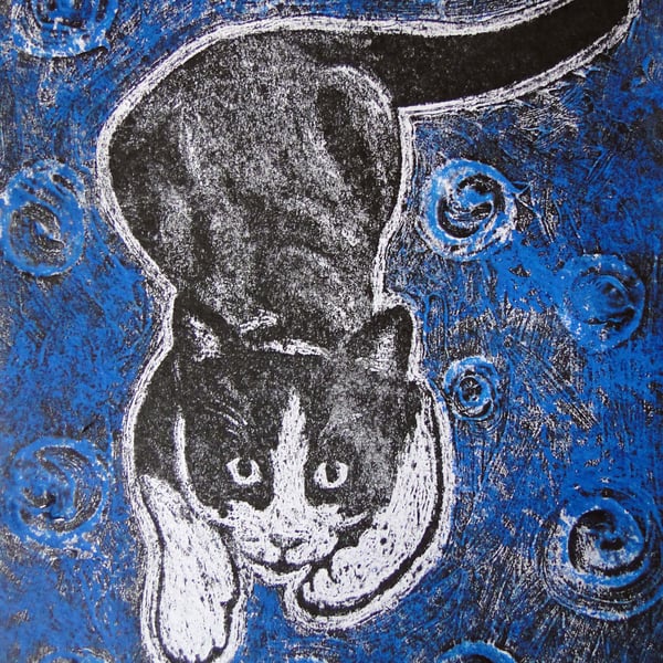 Play With Me! Limited Edition Original Collagraph Print Art Cat