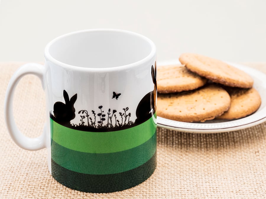 Green Hares and Rabbits Coffee Mug for Nature and Countryside Lovers