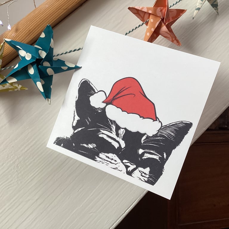 Cute Sleeping Black Cat Christmas Card -  pack of 5, Cat lover Xmas, Santa cat