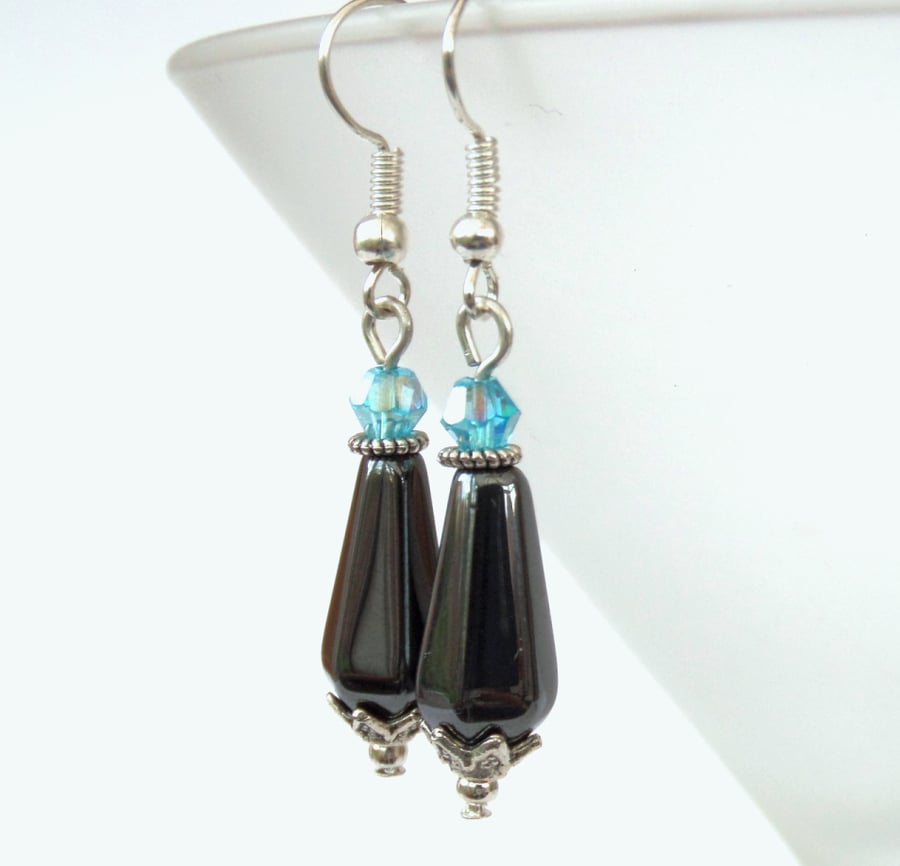 Handmade hematite earrings, with blue crystal