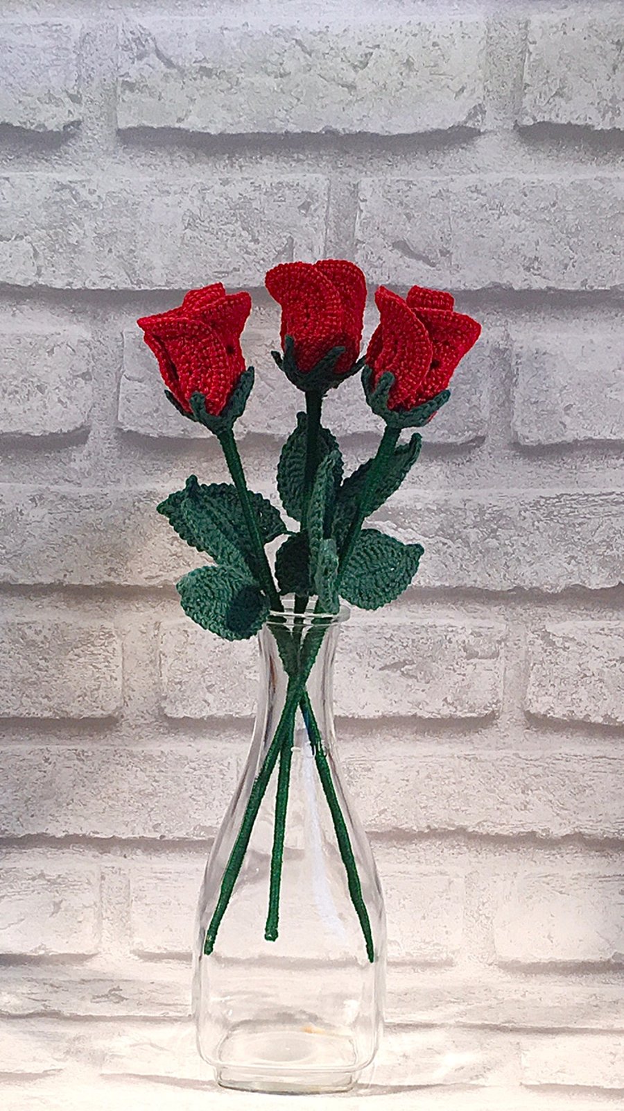 Handmade single stem Crochet Red Rose buds made from Cotton Yarn.