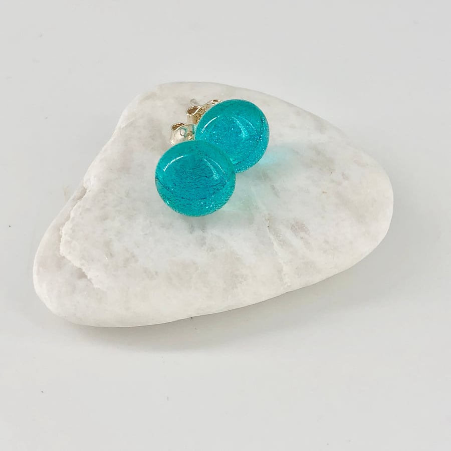 Turquoise Glass and Silver Stud Earrings
