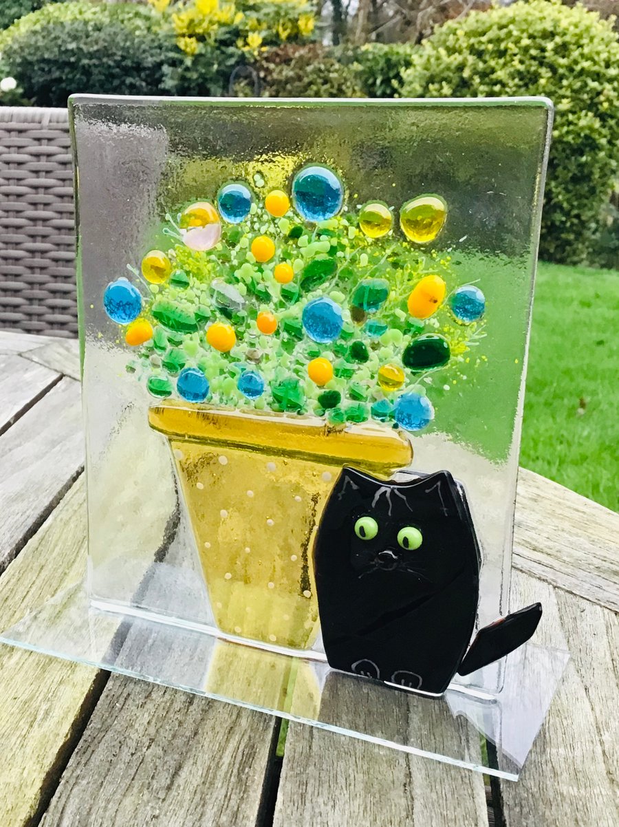  glass cat and flower pot ornament (SALE)