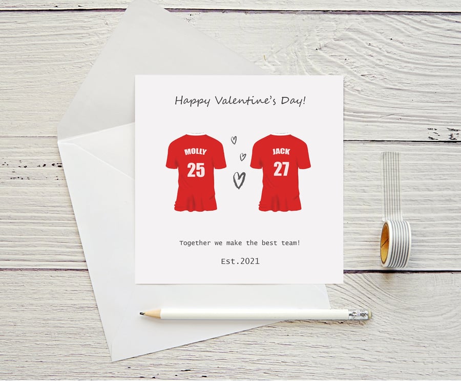 Football Valentine's Day Card, personalised with any team, names and year. 