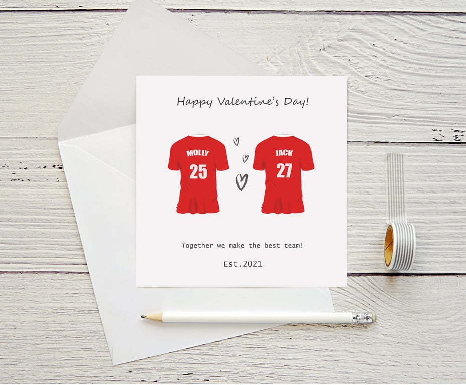 Football Valentine's Day Card, personalised with any team, names and year. 