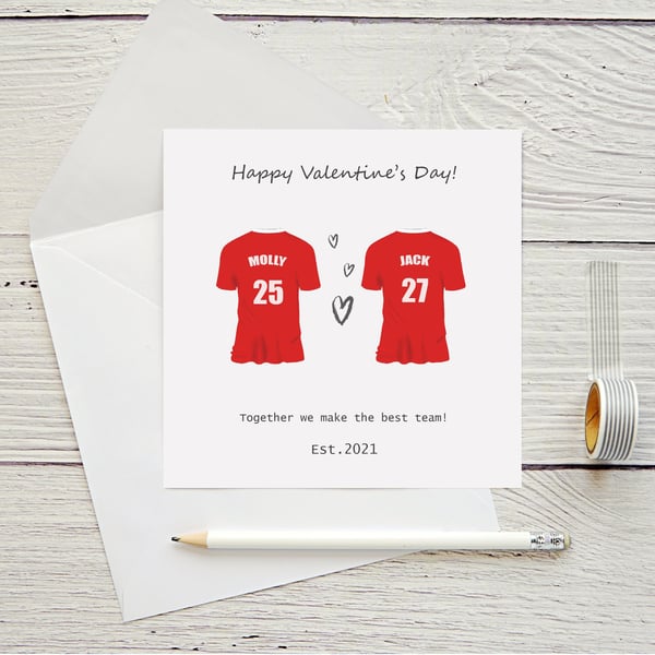 Football Valentine's Day Card, personalised with any team, names and year. 