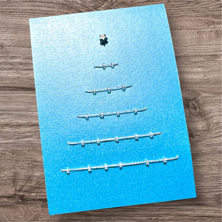 Hand embroidered Christmas tree card,   abstract with bead embellishments