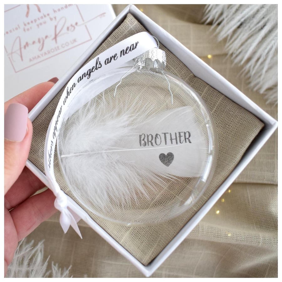 Image of Brother Memorial Round Feather Bauble, In Memory of Brother, Round Glass Christm