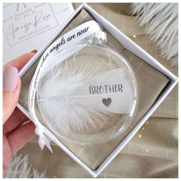 Brother Memorial Round Feather Bauble, In Memory of Brother, Round Glass Christm
