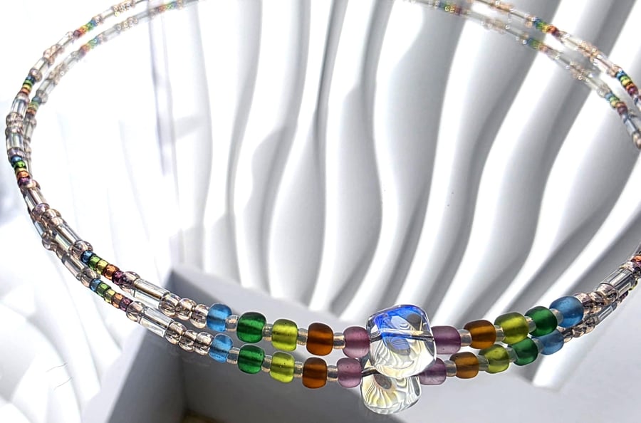 Rainbow Beaded Necklace Iridescent Glass Focal Choker Colourful Playful Jeweller