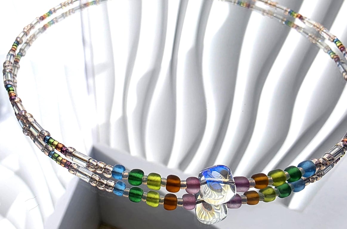 Rainbow Beaded Necklace Iridescent Glass Focal Choker Colourful Playful Jeweller