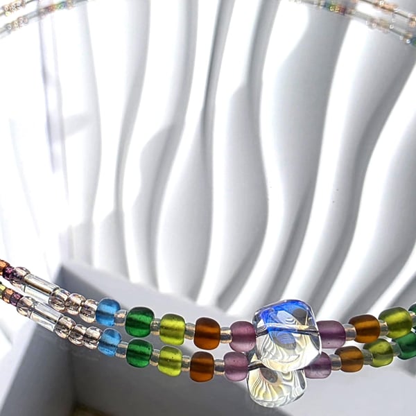 Rainbow Beaded Necklace Iridescent Glass Focal Choker Colourful Playful Jeweller