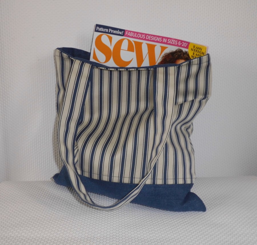 Tote bag blue and white striped with reclaimed denim
