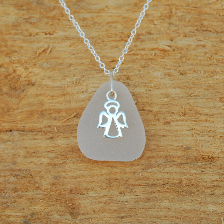 Sea glass pendant with angel charm