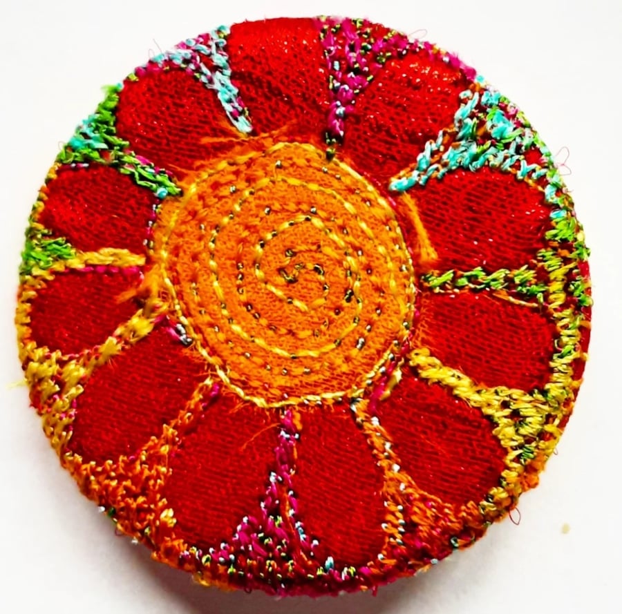 38mm Badge Hand Dyed Fabric Floral badge with Free Machine Embroidery 