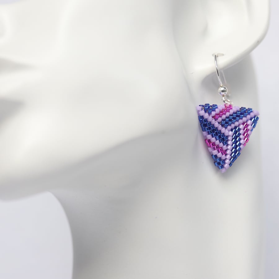 Tri Colour Flat Triangle Beaded Earrings in Purple and Blue