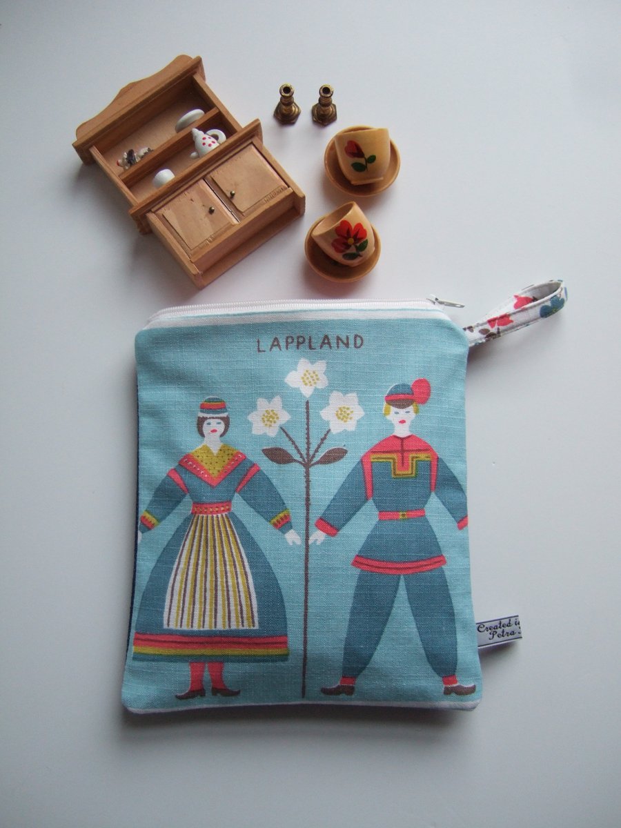 Swedish Lapland folk art vintage tablecloth make up bag or pouch