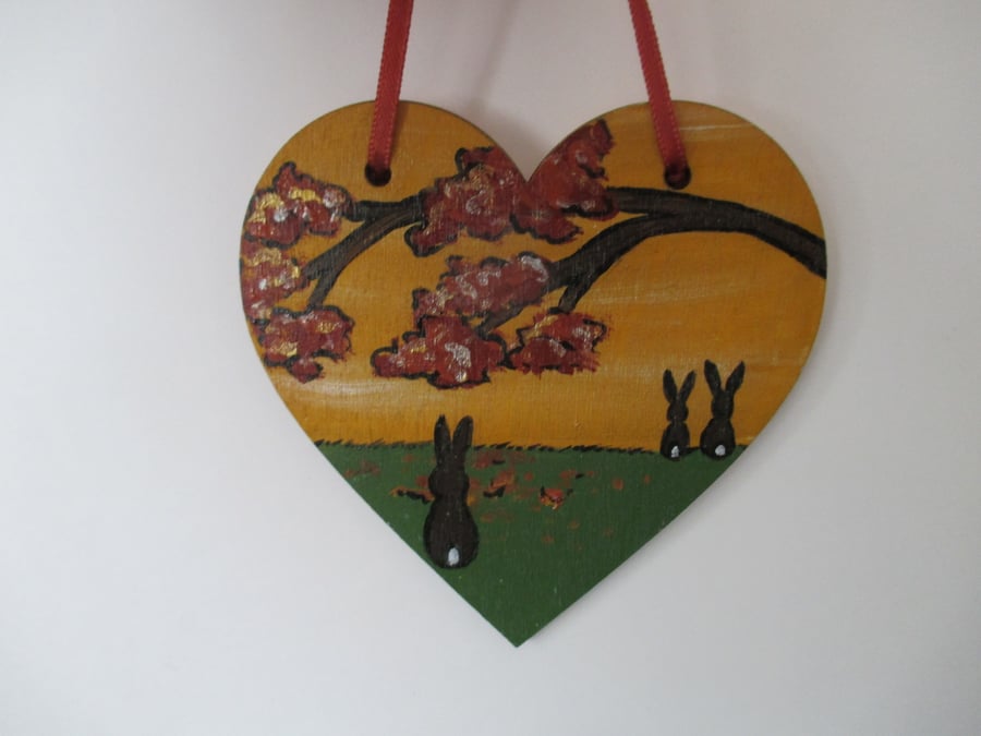 Bunny Rabbit Autumn Hanging Wooden Heart Decorations Wood Hand Painted Picture 1