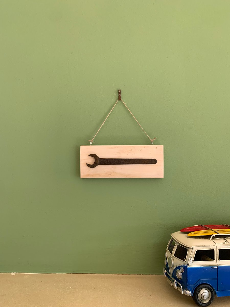 Reclaimed Wood Wall Plaque with Vintage Spanner -  Mancave, Shed Sign