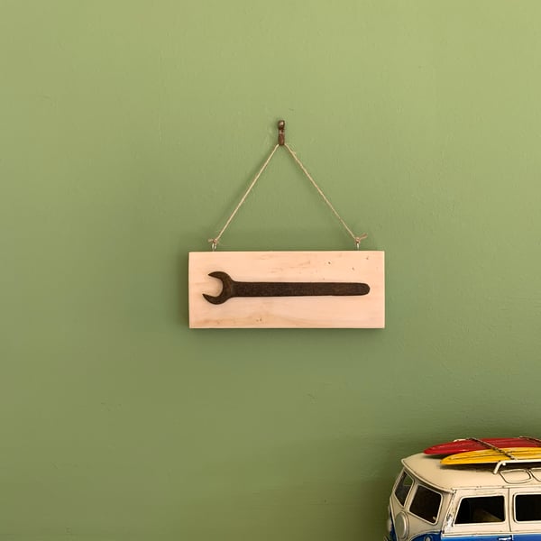 Reclaimed Wood Wall Plaque with Vintage Spanner -  Mancave, Shed Sign