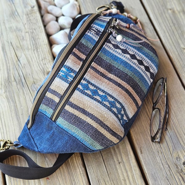 Large Upcycled Denim Fanny Pack – Handmade Unisex Bum Bag with Pockets, Adjustab