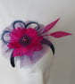 Navy Blue and Raspberry Magenta Flower Tulle & Feather Headband  - Image 2