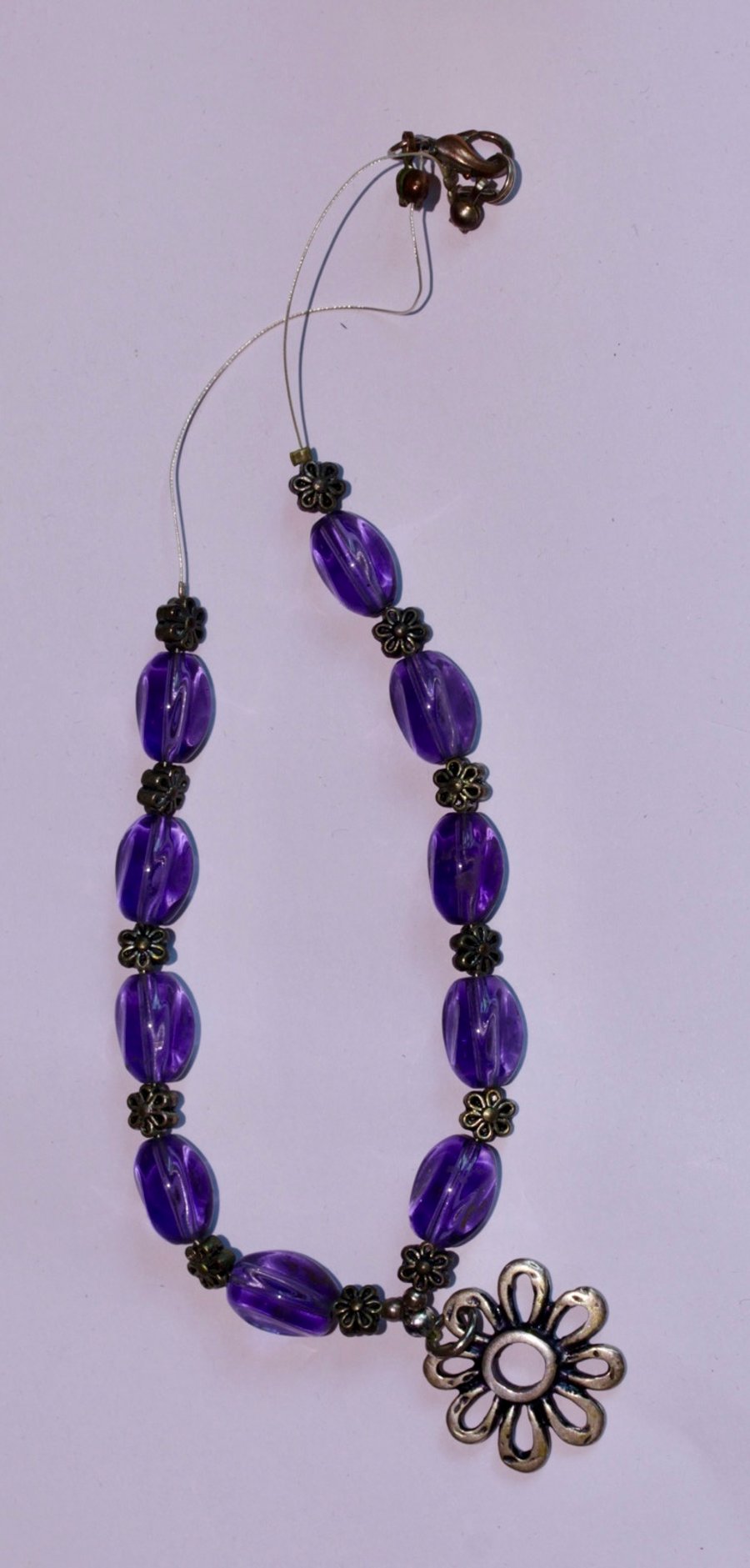 Handcrafted Amethyst-Tone Bead & Silver Flower Charm Necklace