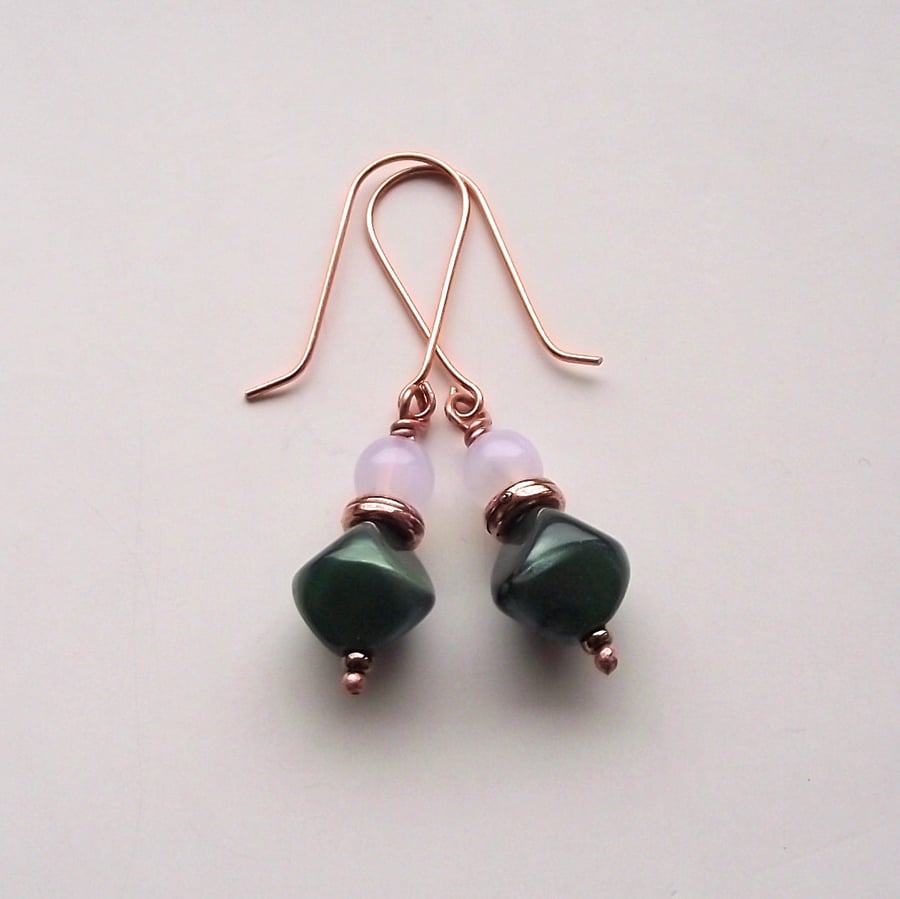 Vintage green glass and moonstone earrings copper handmade