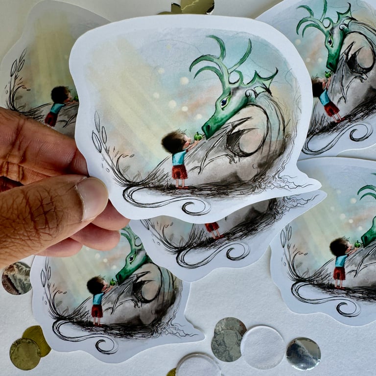 Fantasy Fairytale Sticker Green Dragon Child Matt Vinyl Waterproof
