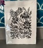 Pretty Wildflowers and Butterfly Original Lino Print - Unframed  - Image 2