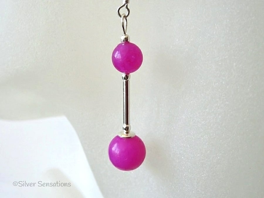 Bright Fuchsia Pink Jade & Sterling Silver Tube Handmade Drop Earrings