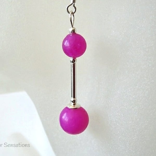 Bright Fuchsia Pink Jade & Sterling Silver Tube Handmade Drop Earrings