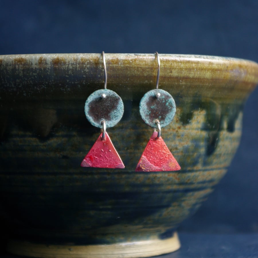 Verdigris Circle and Red Triangle Dangle Earrings