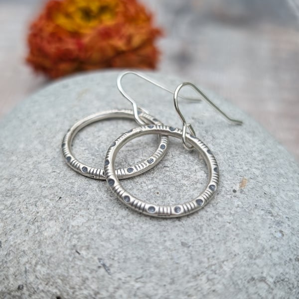 Silver Lunar Lines Patterned Circle Hoop Earrnings