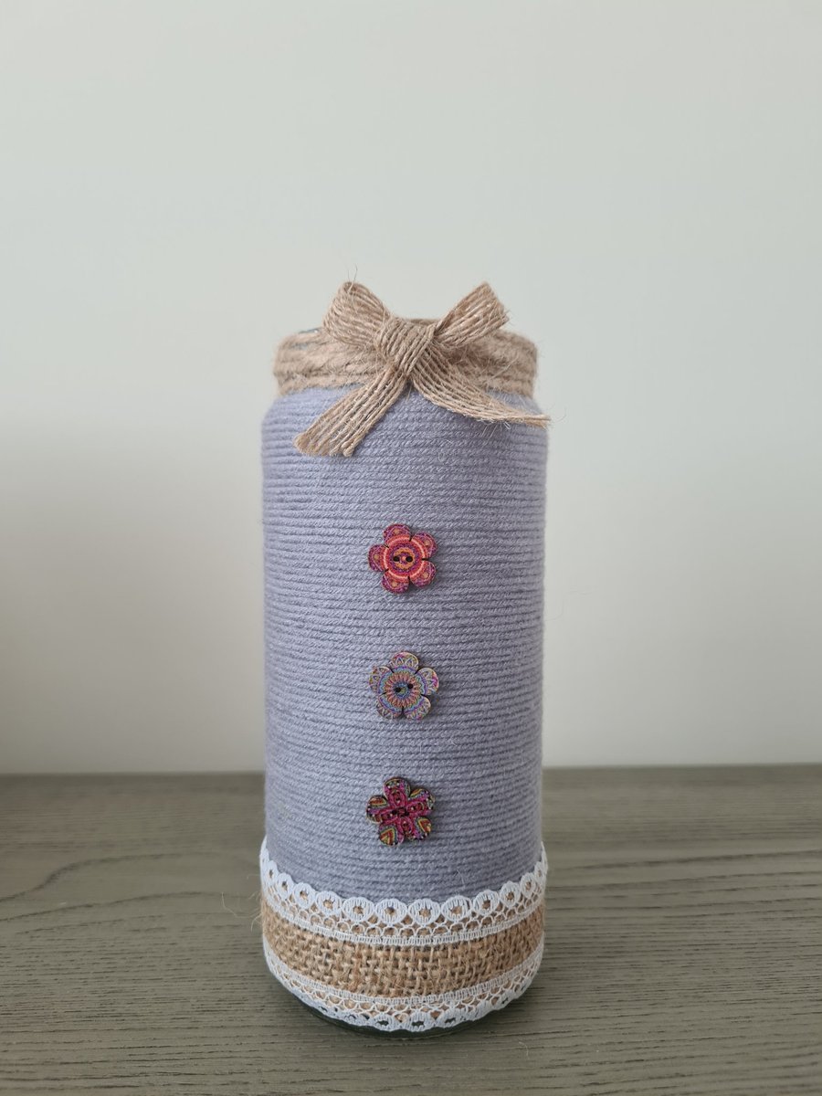 Light Grey Yarn Wrapped Cylindrical Vase With Vintage Flower Detail 